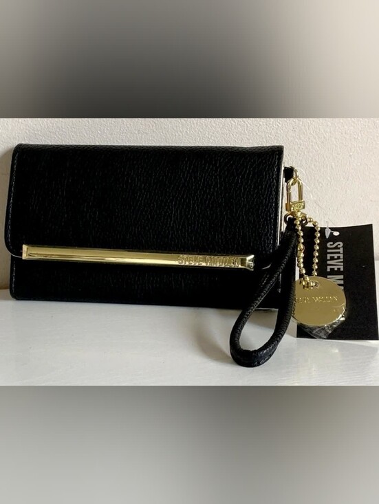 Steve Madden Handbags - Wallet Clutch Trifold Brand New With Tag Steve Madden Black And Gold Wrist Strap